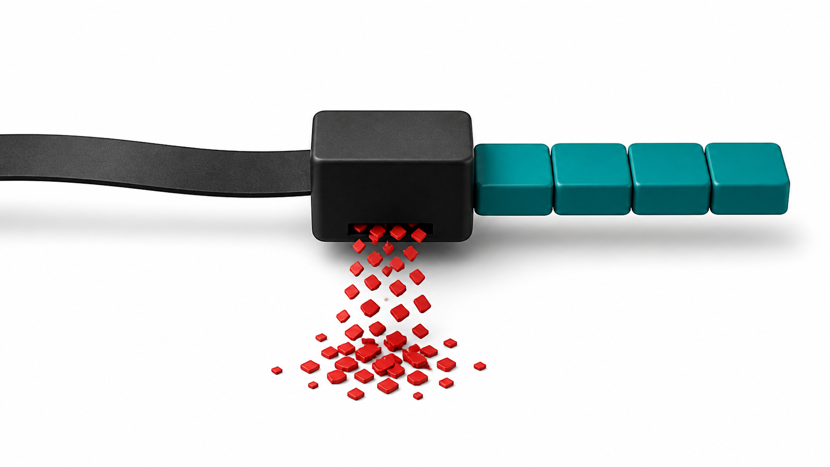 A solid stream entering a machine and emerging as many small fragments, representing token tax